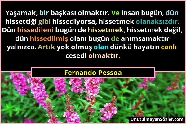 Fernando Pessoa - Yaşamak, bir başkası olmaktır. Ve insan bugün, dün hissettiği gibi hissediyorsa, hissetmek olanaksızdır. Dün hissedileni bugün de hi...