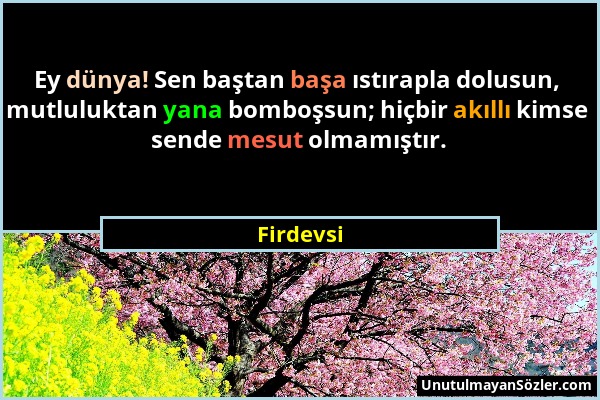 Firdevsi - Ey dünya! Sen baştan başa ıstırapla dolusun, mutluluktan yana bomboşsun; hiçbir akıllı kimse sende mesut olmamıştır....