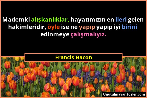 Francis Bacon - Mademki alışkanlıklar, hayatımızın en ileri gelen hakimleridir, öyle ise ne yapıp yapıp iyi birini edinmeye çalışmalıyız....