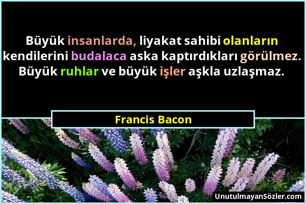 Francis Bacon - Büyük insanlarda, liyakat sahibi olanların kendilerini budalaca aska kaptırdıkları görülmez. Büyük ruhlar ve büyük işler aşkla uzlaşma...