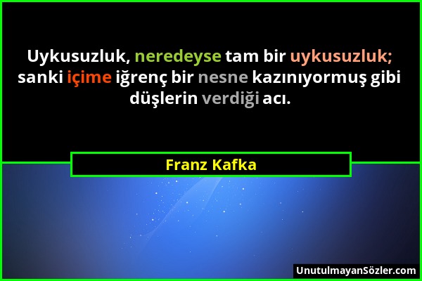 Franz Kafka - Uykusuzluk, neredeyse tam bir uykusuzluk; sanki içime iğrenç bir nesne kazınıyormuş gibi düşlerin verdiği acı....