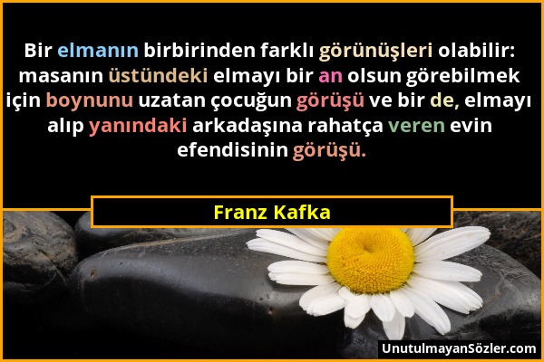 Franz Kafka - Bir elmanın birbirinden farklı görünüşleri olabilir: masanın üstündeki elmayı bir an olsun görebilmek için boynunu uzatan çocuğun görüşü...