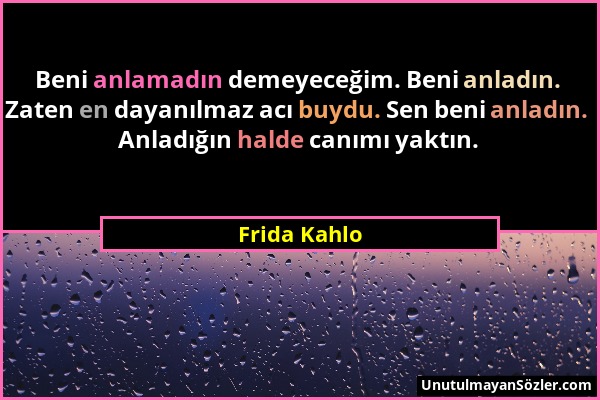 Frida Kahlo - Beni anlamadın demeyeceğim. Beni anladın. Zaten en dayanılmaz acı buydu. Sen beni anladın. Anladığın halde canımı yaktın....