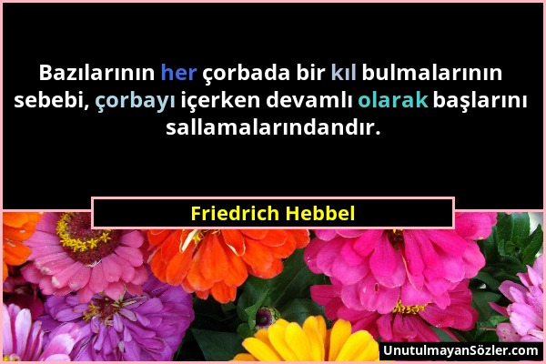 Friedrich Hebbel - Bazılarının her çorbada bir kıl bulmalarının sebebi, çorbayı içerken devamlı olarak başlarını sallamalarındandır....