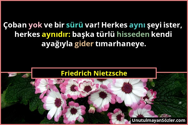 Friedrich Nietzsche - Çoban yok ve bir sürü var! Herkes aynı şeyi ister, herkes aynıdır: başka türlü hisseden kendi ayağıyla gider tımarhaneye....