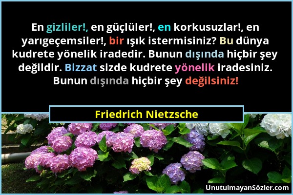Friedrich Nietzsche - En gizliler!, en güçlüler!, en korkusuzlar!, en yarıgeçemsiler!, bir ışık istermisiniz? Bu dünya kudrete yönelik iradedir. Bunun...