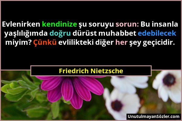 Friedrich Nietzsche - Evlenirken kendinize şu soruyu sorun: Bu insanla yaşlılığımda doğru dürüst muhabbet edebilecek miyim? Çünkü evlilikteki diğer he...