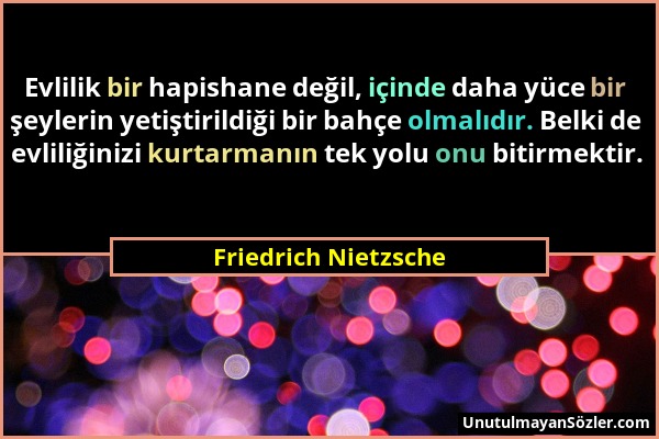 Friedrich Nietzsche - Evlilik bir hapishane değil, içinde daha yüce bir şeylerin yetiştirildiği bir bahçe olmalıdır. Belki de evliliğinizi kurtarmanın...