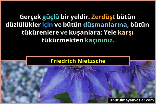 Friedrich Nietzsche - Gerçek güçlü bir yeldir. Zerdüşt bütün düzlülükler için ve bütün düşmanlarına, bütün tükürenlere ve kuşanlara: Yele karşı tükürm...