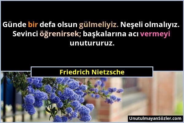 Friedrich Nietzsche - Günde bir defa olsun gülmeliyiz. Neşeli olmalıyız. Sevinci öğrenirsek; başkalarına acı vermeyi unutururuz....
