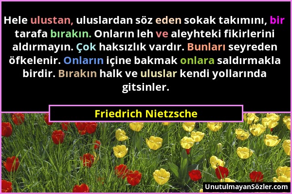 Friedrich Nietzsche - Hele ulustan, uluslardan söz eden sokak takımını, bir tarafa bırakın. Onların leh ve aleyhteki fikirlerini aldırmayın. Çok haksı...