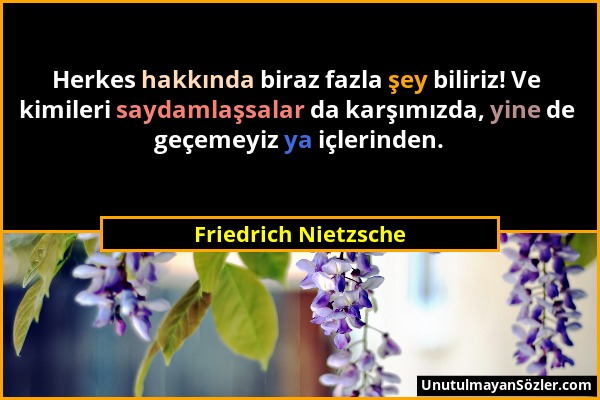 Friedrich Nietzsche - Herkes hakkında biraz fazla şey biliriz! Ve kimileri saydamlaşsalar da karşımızda, yine de geçemeyiz ya içlerinden....