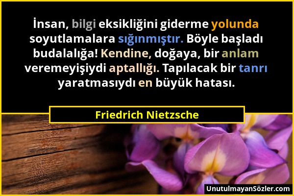 Friedrich Nietzsche - İnsan, bilgi eksikliğini giderme yolunda soyutlamalara sığınmıştır. Böyle başladı budalalığa! Kendine, doğaya, bir anlam veremey...