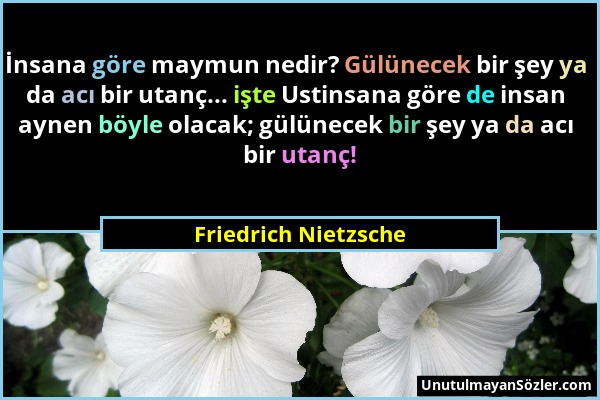Friedrich Nietzsche - İnsana göre maymun nedir? Gülünecek bir şey ya da acı bir utanç... işte Ustinsana göre de insan aynen böyle olacak; gülünecek bi...
