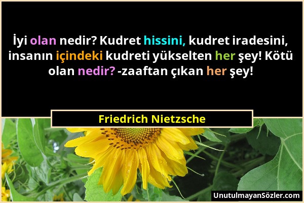 Friedrich Nietzsche - İyi olan nedir? Kudret hissini, kudret iradesini, insanın içindeki kudreti yükselten her şey! Kötü olan nedir? -zaaftan çıkan he...