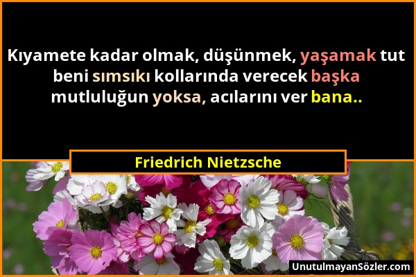 Friedrich Nietzsche - Kıyamete kadar olmak, düşünmek, yaşamak tut beni sımsıkı kollarında verecek başka mutluluğun yoksa, acılarını ver bana.....