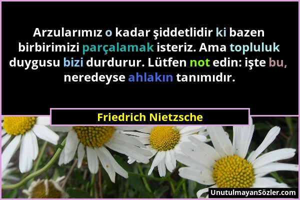 Friedrich Nietzsche - Arzularımız o kadar şiddetlidir ki bazen birbirimizi parçalamak isteriz. Ama topluluk duygusu bizi durdurur. Lütfen not edin: iş...