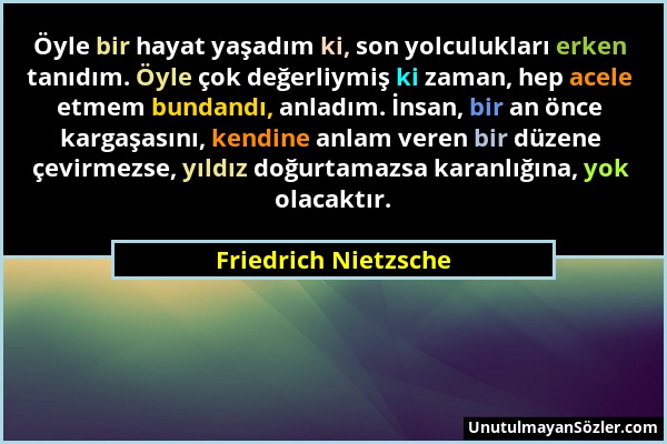 Friedrich Nietzsche - Öyle bir hayat yaşadım ki, son yolculukları erken tanıdım. Öyle çok değerliymiş ki zaman, hep acele etmem bundandı, anladım. İns...