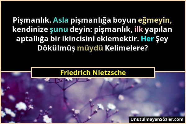 Friedrich Nietzsche - Pişmanlık. Asla pişmanlığa boyun eğmeyin, kendinize şunu deyin: pişmanlık, ilk yapılan aptallığa bir ikincisini eklemektir. Her...