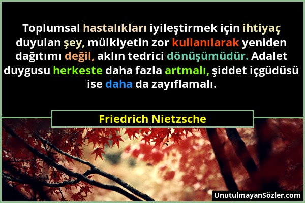 Friedrich Nietzsche - Toplumsal hastalıkları iyileştirmek için ihtiyaç duyulan şey, mülkiyetin zor kullanılarak yeniden dağıtımı değil, aklın tedrici...