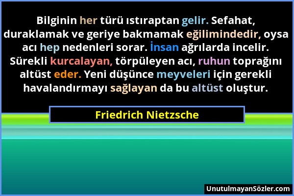 Friedrich Nietzsche - Bilginin her türü ıstıraptan gelir. Sefahat, duraklamak ve geriye bakmamak eğilimindedir, oysa acı hep nedenleri sorar. İnsan ağ...