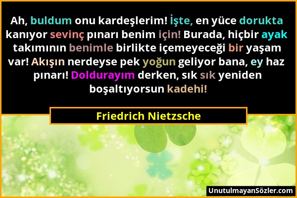 Friedrich Nietzsche - Ah, buldum onu kardeşlerim! İşte, en yüce dorukta kanıyor sevinç pınarı benim için! Burada, hiçbir ayak takımının benimle birlik...