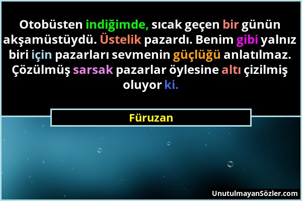 Füruzan - Otobüsten indiğimde, sıcak geçen bir günün akşamüstüydü. Üstelik pazardı. Benim gibi yalnız biri için pazarları sevmenin güçlüğü anlatılmaz....