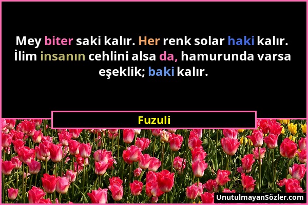 Fuzuli - Mey biter saki kalır. Her renk solar haki kalır. İlim insanın cehlini alsa da, hamurunda varsa eşeklik; baki kalır....