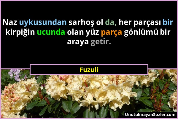 Fuzuli - Naz uykusundan sarhoş ol da, her parçası bir kirpiğin ucunda olan yüz parça gönlümü bir araya getir....