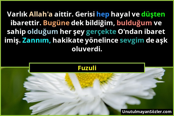 Fuzuli - Varlık Allah'a aittir. Gerisi hep hayal ve düşten ibarettir. Bugüne dek bildiğim, bulduğum ve sahip olduğum her şey gerçekte O'ndan ibaret im...