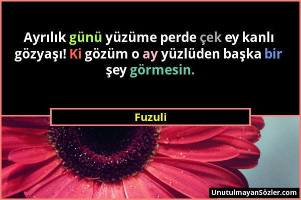 Fuzuli - Ayrılık günü yüzüme perde çek ey kanlı gözyaşı! Ki gözüm o ay yüzlüden başka bir şey görmesin....