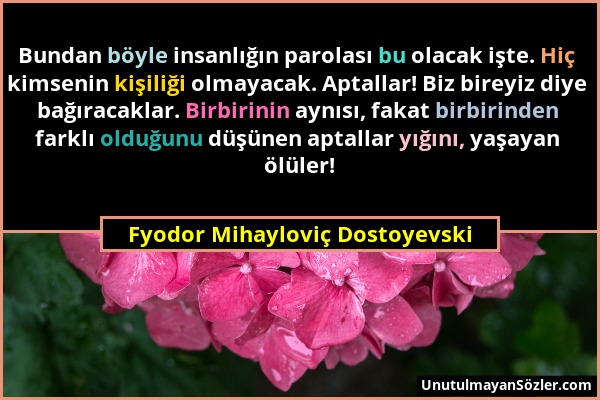 Fyodor Mihayloviç Dostoyevski - Bundan böyle insanlığın parolası bu olacak işte. Hiç kimsenin kişiliği olmayacak. Aptallar! Biz bireyiz diye bağıracak...