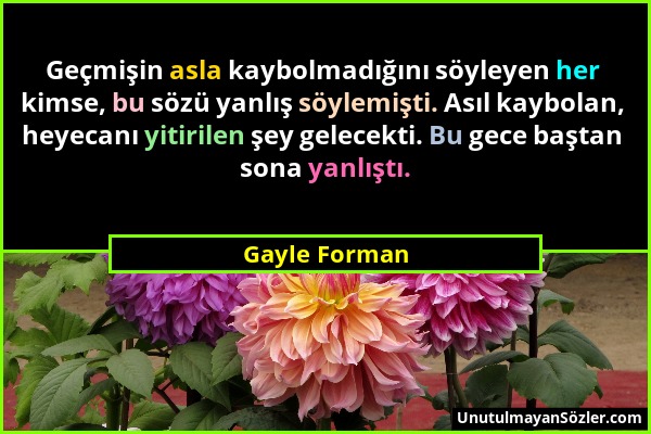 Gayle Forman - Geçmişin asla kaybolmadığını söyleyen her kimse, bu sözü yanlış söylemişti. Asıl kaybolan, heyecanı yitirilen şey gelecekti. Bu gece ba...