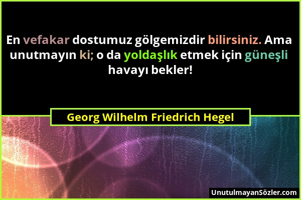 Georg Wilhelm Friedrich Hegel - En vefakar dostumuz gölgemizdir bilirsiniz. Ama unutmayın ki; o da yoldaşlık etmek için güneşli havayı bekler!...