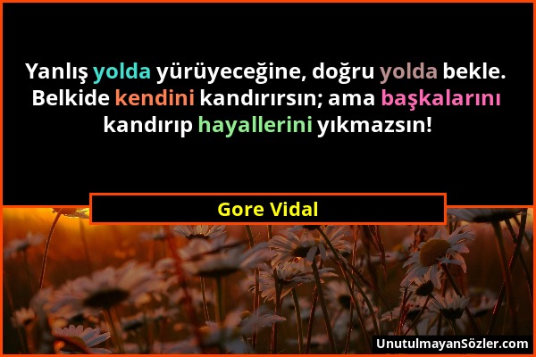 Gore Vidal - Yanlış yolda yürüyeceğine, doğru yolda bekle. Belkide kendini kandırırsın; ama başkalarını kandırıp hayallerini yıkmazsın!...