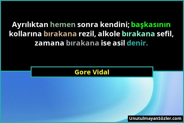 Gore Vidal - Ayrılıktan hemen sonra kendini; başkasının kollarına bırakana rezil, alkole bırakana sefil, zamana bırakana ise asil denir....