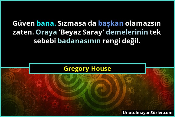 Gregory House - Güven bana. Sızmasa da başkan olamazsın zaten. Oraya 'Beyaz Saray' demelerinin tek sebebi badanasının rengi değil....