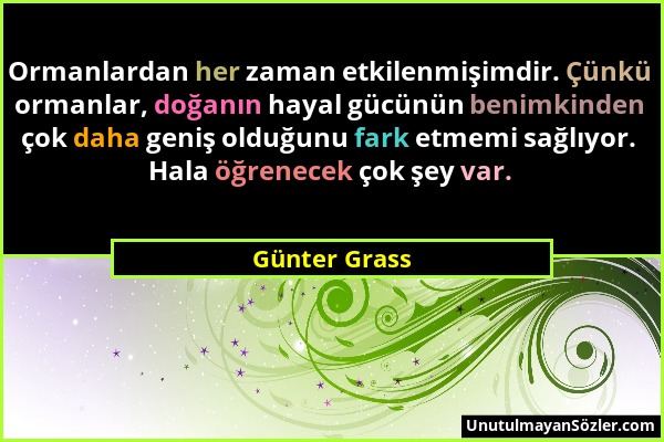 Günter Grass - Ormanlardan her zaman etkilenmişimdir. Çünkü ormanlar, doğanın hayal gücünün benimkinden çok daha geniş olduğunu fark etmemi sağlıyor....