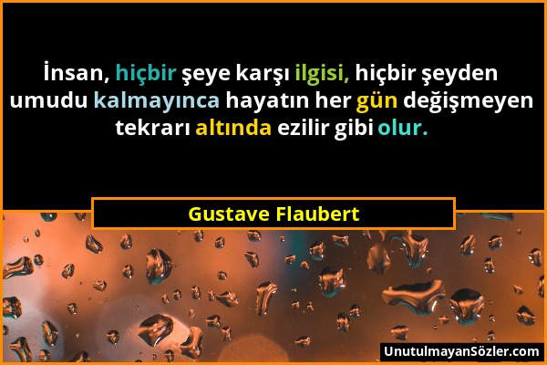 Gustave Flaubert - İnsan, hiçbir şeye karşı ilgisi, hiçbir şeyden umudu kalmayınca hayatın her gün değişmeyen tekrarı altında ezilir gibi olur....