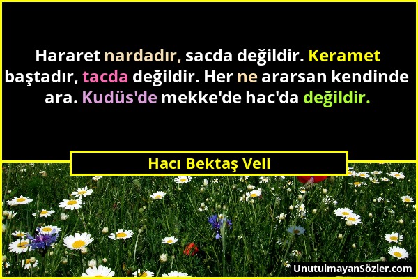 Hacı Bektaş Veli - Hararet nardadır, sacda değildir. Keramet baştadır, tacda değildir. Her ne ararsan kendinde ara. Kudüs'de mekke'de hac'da değildir....