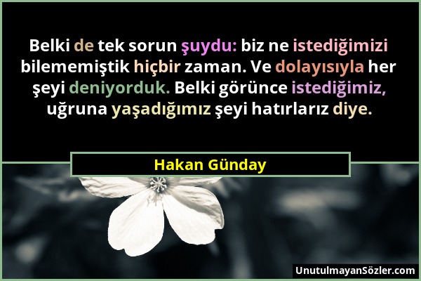 Hakan Günday - Belki de tek sorun şuydu: biz ne istediğimizi bilememiştik hiçbir zaman. Ve dolayısıyla her şeyi deniyorduk. Belki görünce istediğimiz,...