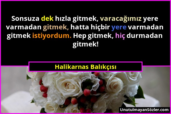 Halikarnas Balıkçısı - Sonsuza dek hızla gitmek, varacağımız yere varmadan gitmek, hatta hiçbir yere varmadan gitmek istiyordum. Hep gitmek, hiç durma...