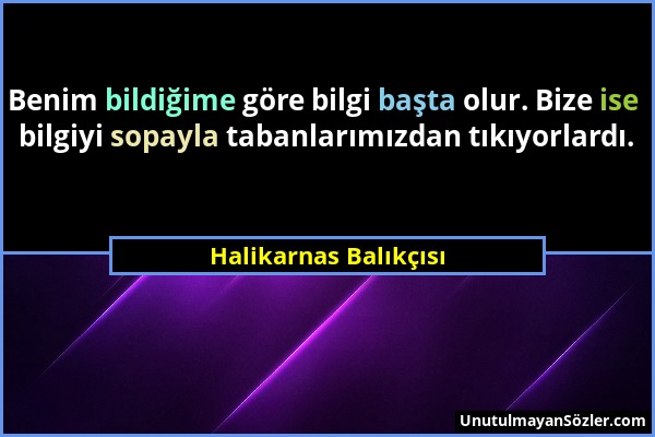 Halikarnas Balıkçısı - Benim bildiğime göre bilgi başta olur. Bize ise bilgiyi sopayla tabanlarımızdan tıkıyorlardı....