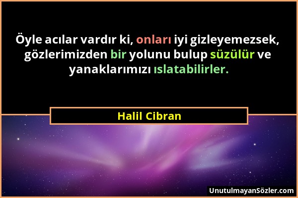 Halil Cibran - Öyle acılar vardır ki, onları iyi gizleyemezsek, gözlerimizden bir yolunu bulup süzülür ve yanaklarımızı ıslatabilirler....