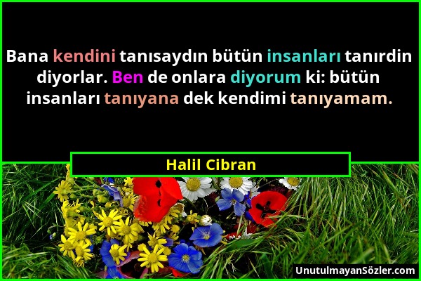 Halil Cibran - Bana kendini tanısaydın bütün insanları tanırdin diyorlar. Ben de onlara diyorum ki: bütün insanları tanıyana dek kendimi tanıyamam....