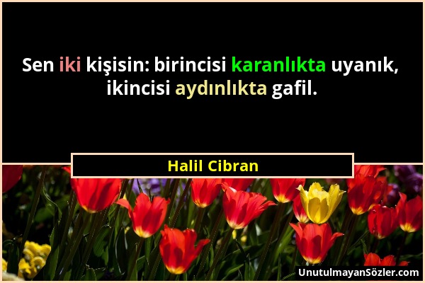 Halil Cibran - Sen iki kişisin: birincisi karanlıkta uyanık, ikincisi aydınlıkta gafil....
