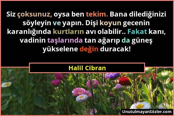 Halil Cibran - Siz çoksunuz, oysa ben tekim. Bana dilediğinizi söyleyin ve yapın. Dişi koyun gecenin karanlığında kurtların avı olabilir.. Fakat kanı,...