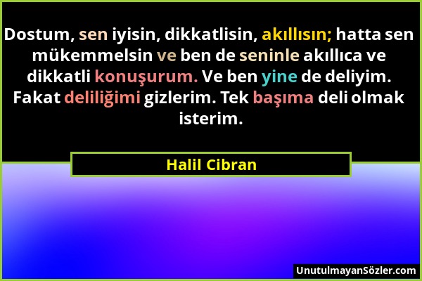 Halil Cibran - Dostum, sen iyisin, dikkatlisin, akıllısın; hatta sen mükemmelsin ve ben de seninle akıllıca ve dikkatli konuşurum. Ve ben yine de deli...