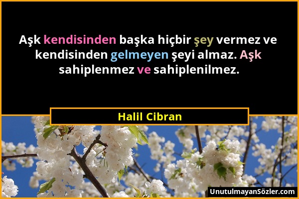 Halil Cibran - Aşk kendisinden başka hiçbir şey vermez ve kendisinden gelmeyen şeyi almaz. Aşk sahiplenmez ve sahiplenilmez....