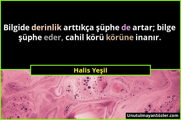 Halis Yeşil - Bilgide derinlik arttıkça şüphe de artar; bilge şüphe eder, cahil körü körüne inanır....